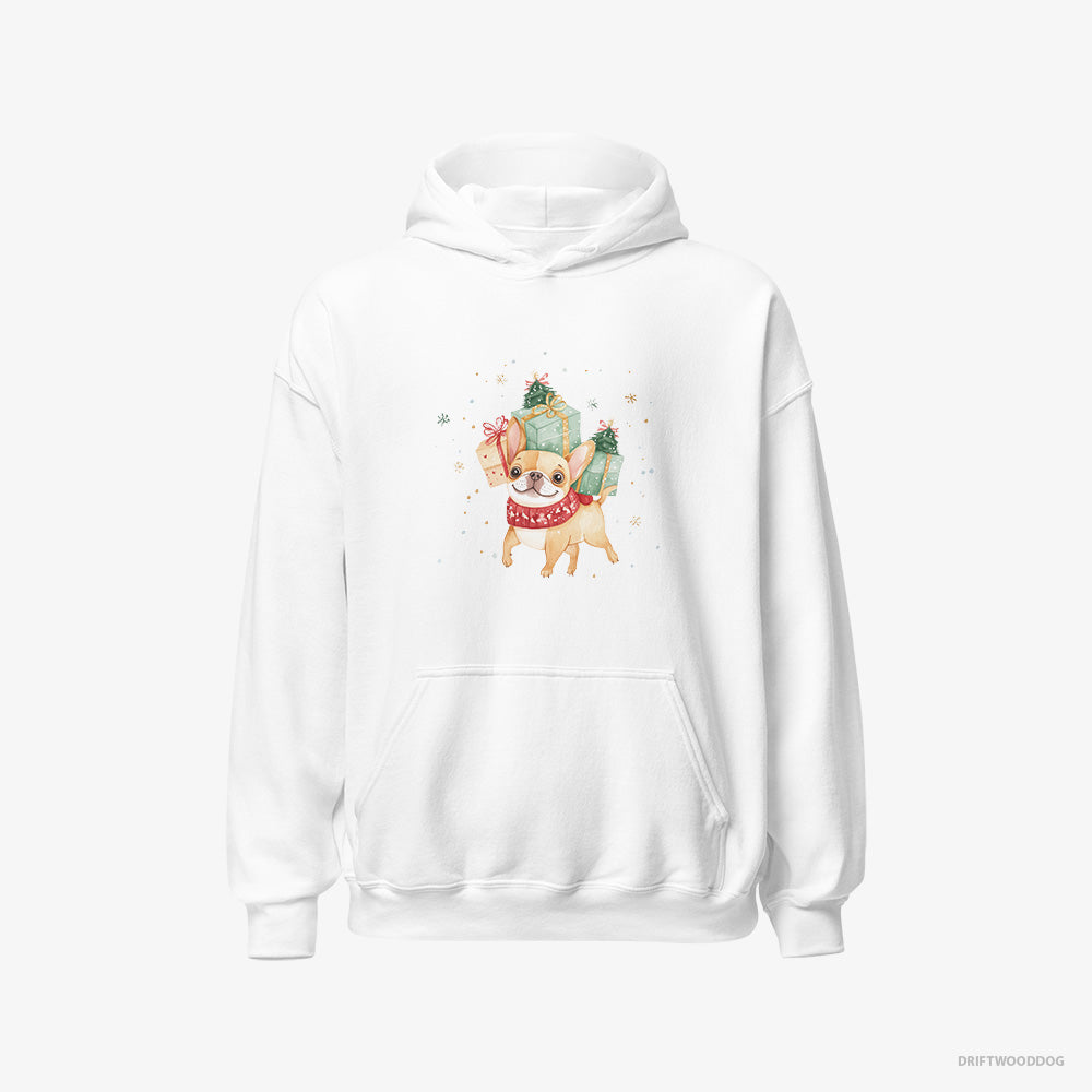 French Bulldog Hoodie – Men White Hoodie Classic – Sprinting with Christmas Packages (on White Background)