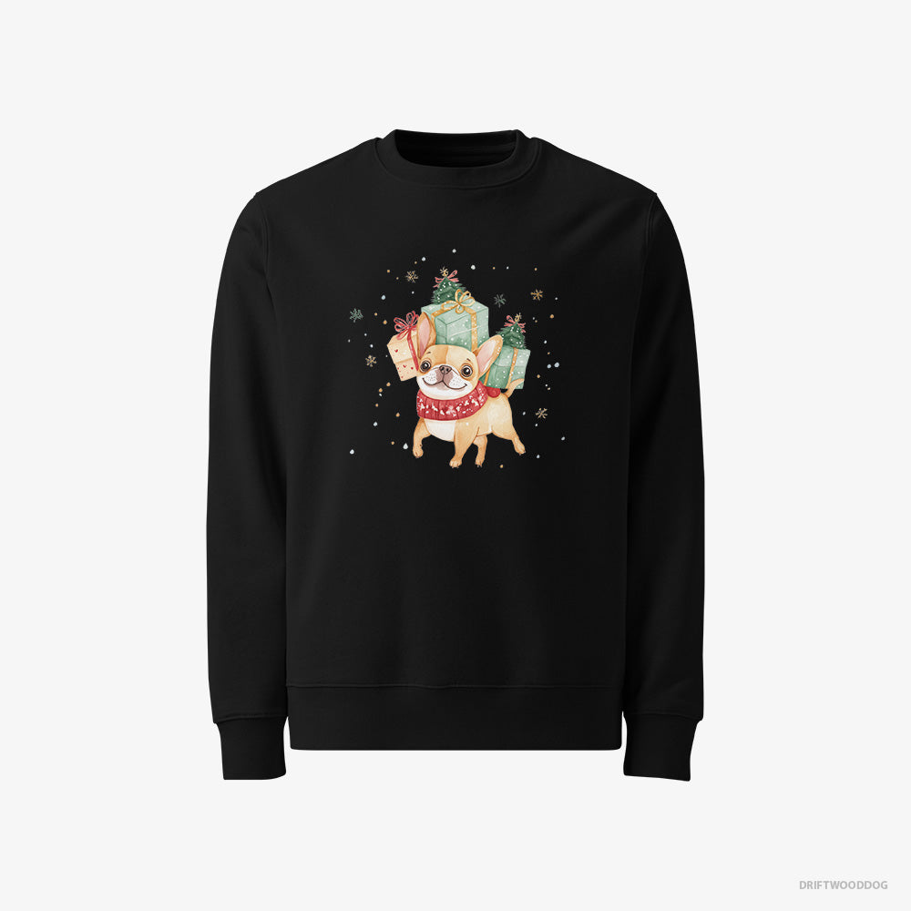 French Bulldog Sweatshirt – Men Black Sweatshirt Classic – Sprinting with Christmas Packages (on White Background)