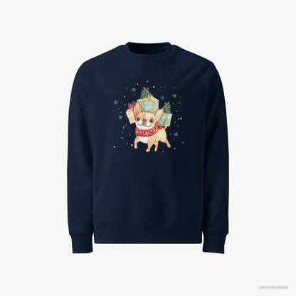 French Bulldog Sweatshirt – Men Navy Sweatshirt Classic – Sprinting with Christmas Packages (on White Background)