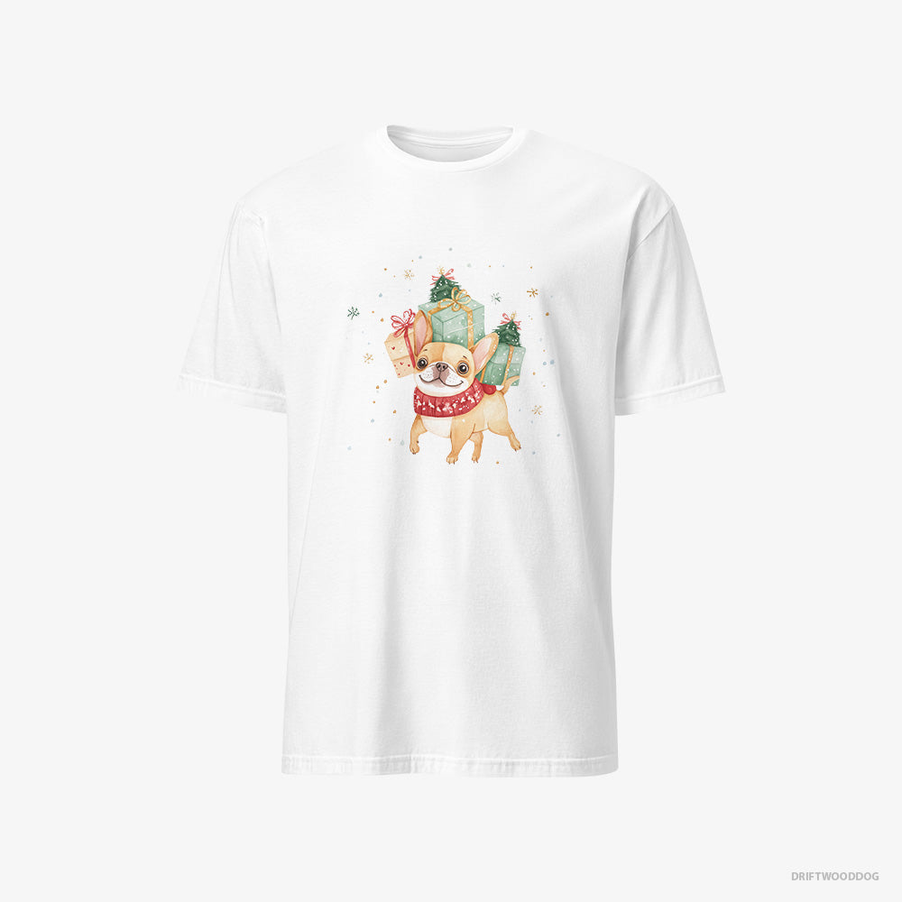 French Bulldog T-Shirt – Men White T-Shirt Classic – Sprinting with Christmas Packages (on White Background)