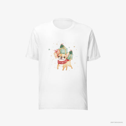 French Bulldog T-Shirt – Men White T-Shirt Eco-Friendly – Sprinting with Christmas Packages (on White Background)