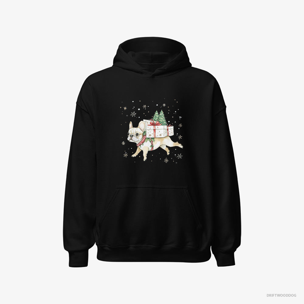 French Bulldog Hoodie – Women Black Hoodie Classic – Joyfully Running with Holiday Gifts (on White Background)