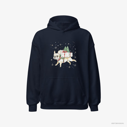 French Bulldog Joyfully Running with Holiday Gifts Navy Hoodie