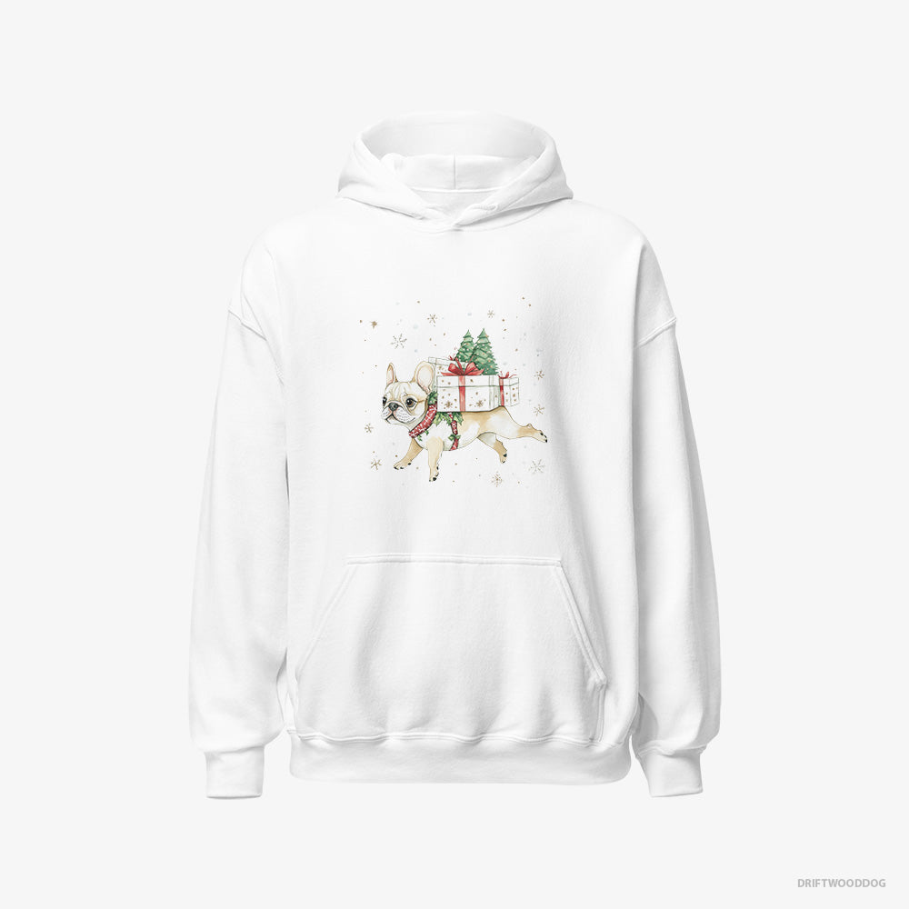 French Bulldog Hoodie – Men White Hoodie Classic – Joyfully Running with Holiday Gifts (on White Background)