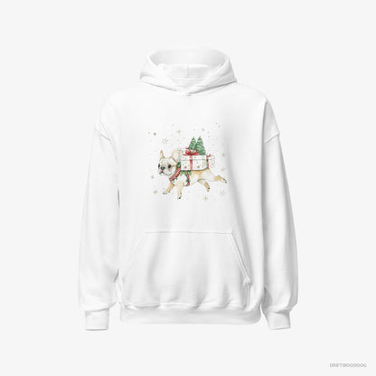 French Bulldog Hoodie – Men White Hoodie Classic – Joyfully Running with Holiday Gifts (on White Background)