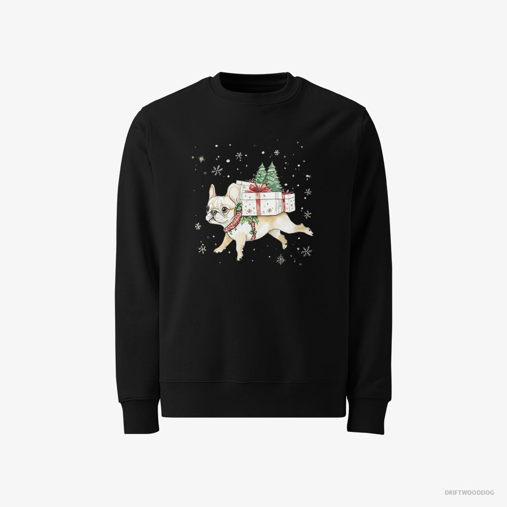 French Bulldog Sweatshirt – Men Black Sweatshirt Classic – Joyfully Running with Holiday Gifts (on White Background)