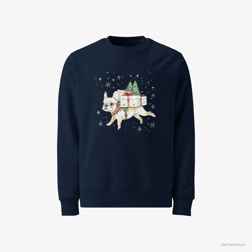 French Bulldog Sweatshirt – Men Navy Sweatshirt Classic – Joyfully Running with Holiday Gifts (on White Background)