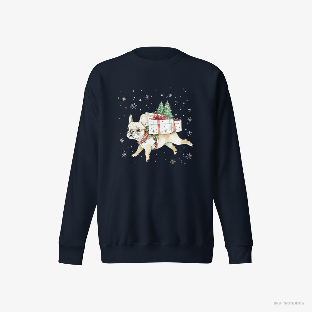 French Bulldog Sweatshirt – Men Navy Sweatshirt Eco-Friendly – Joyfully Running with Holiday Gifts (on White Background)