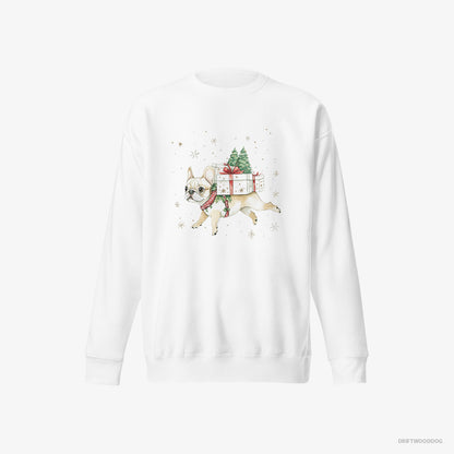 French Bulldog Joyfully Running with Holiday Gifts White Sweatshirt