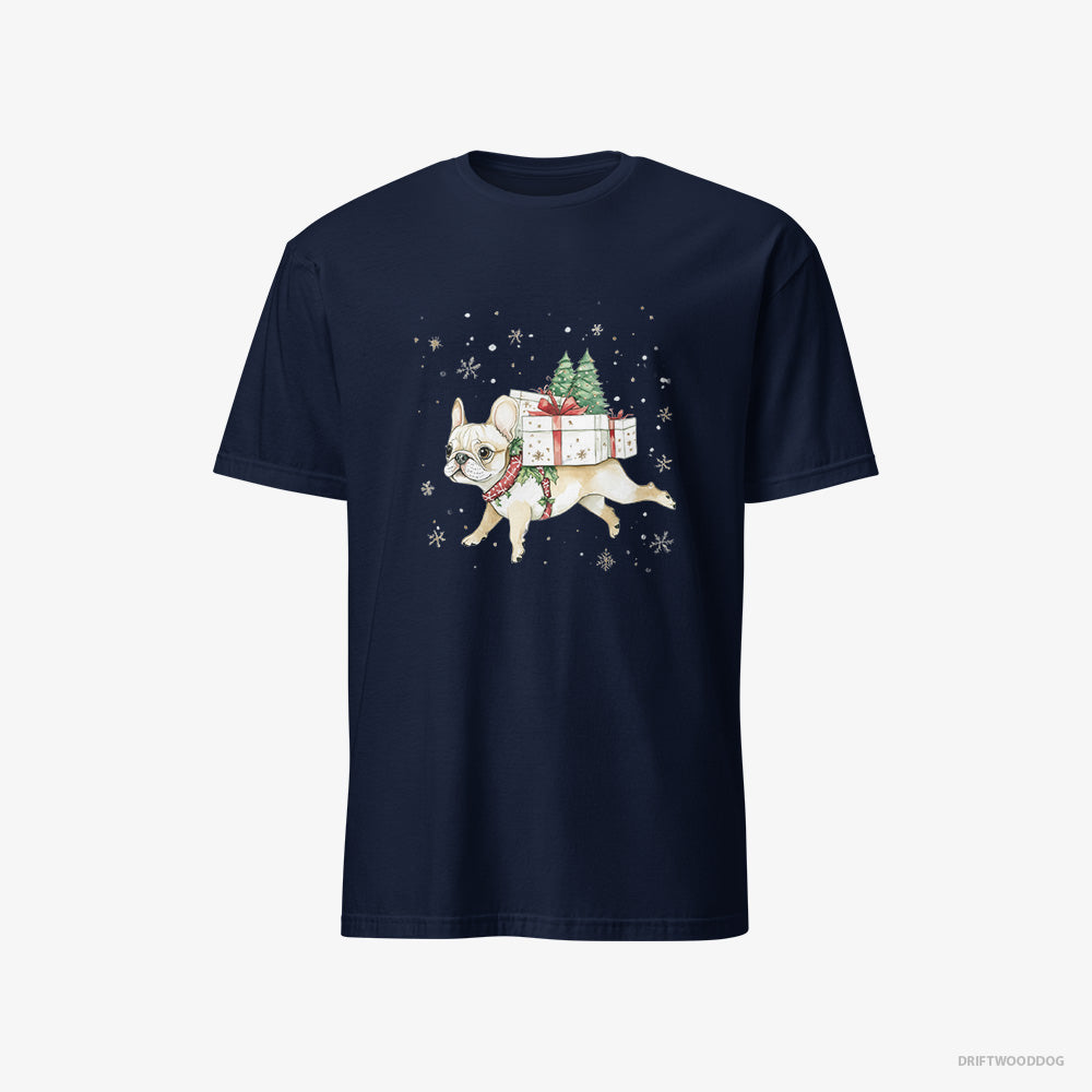 French Bulldog T-Shirt – Men Navy T-Shirt Classic – Joyfully Running with Holiday Gifts (on White Background)