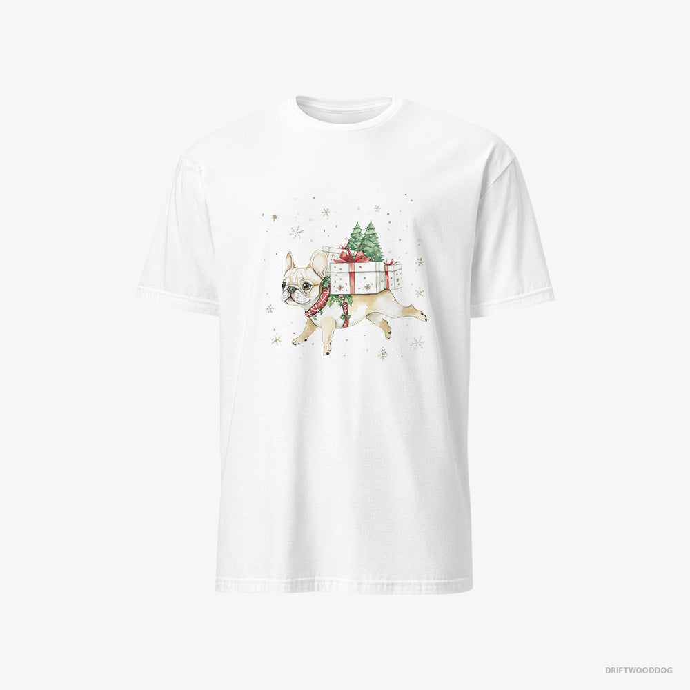 French Bulldog T-Shirt – Men White T-Shirt Classic – Joyfully Running with Holiday Gifts (on White Background)