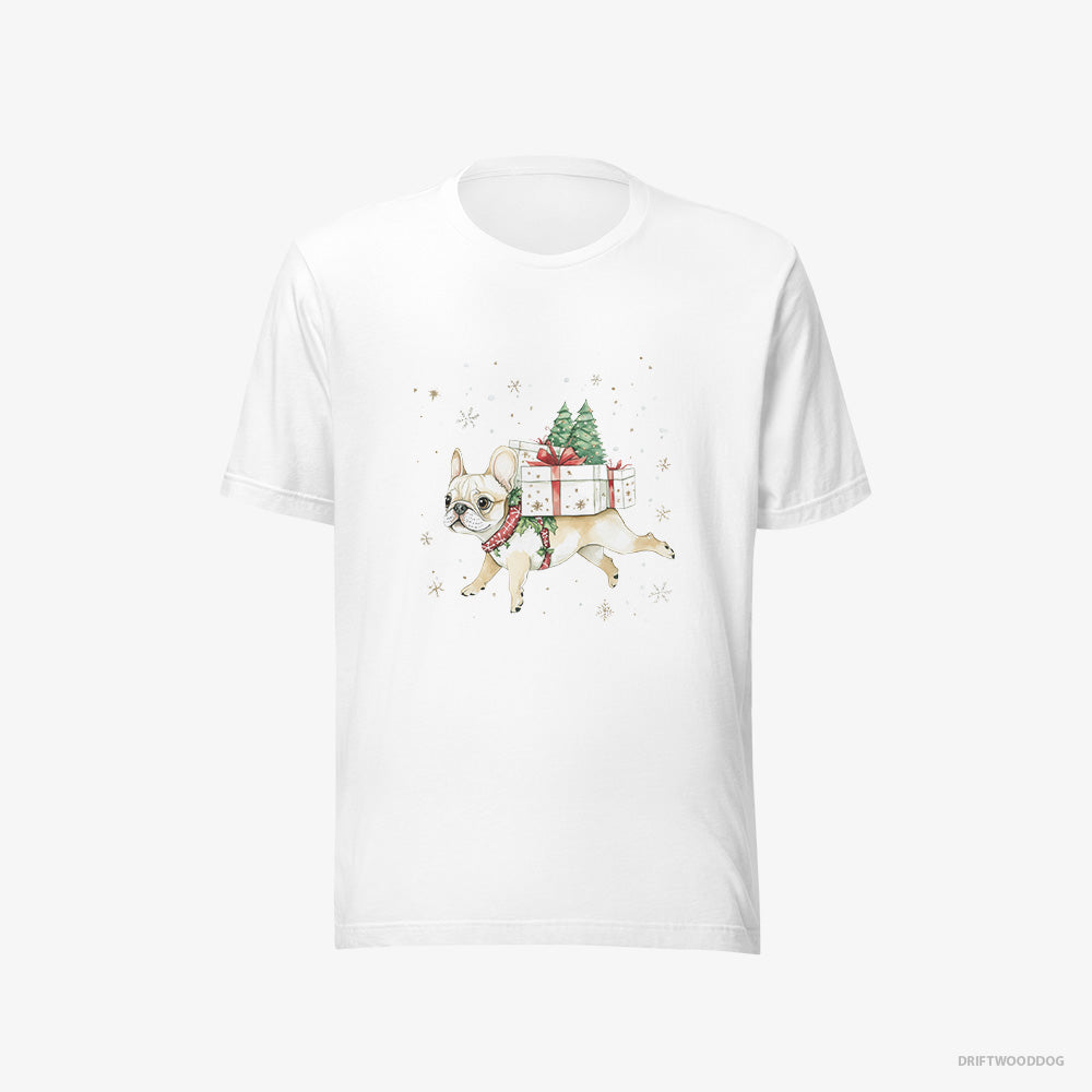 French Bulldog T-Shirt – Men White T-Shirt Eco-Friendly – Joyfully Running with Holiday Gifts (on White Background)