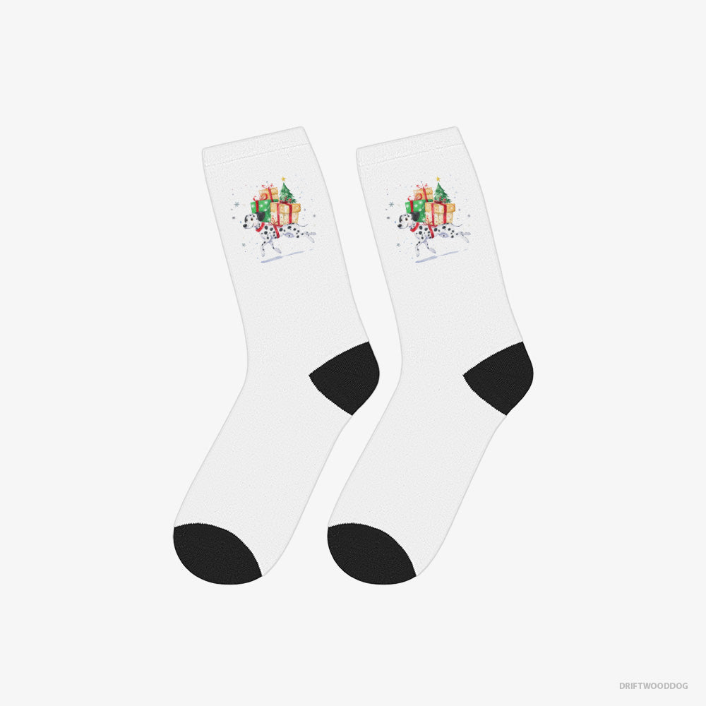 Dalmatian Socks – Unisex White Socks Classic – Hurrying to Deliver Christmas Presents (on White Background)