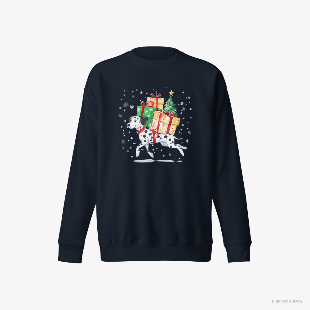 Dalmatian Sweatshirt – Men Navy Sweatshirt Eco-Friendly – Hurrying to Deliver Christmas Presents (on White Background)