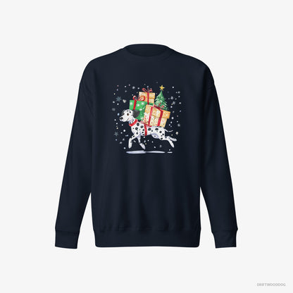 Dalmatian Sweatshirt – Men Navy Sweatshirt Eco-Friendly – Hurrying to Deliver Christmas Presents (on White Background)